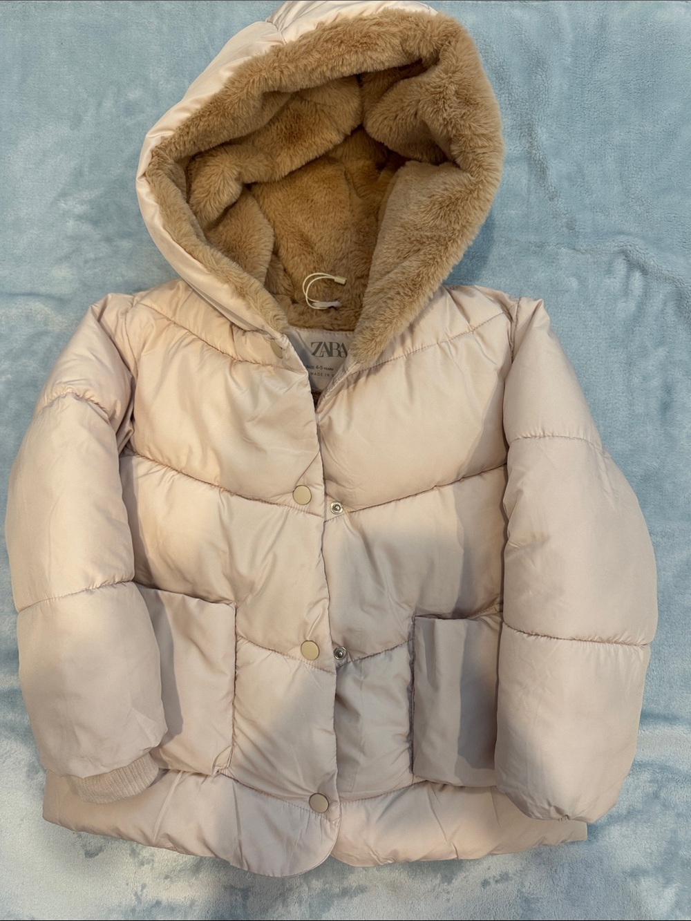 Zara 4/5 Cream Quilted Puffer Jacket with Tan Faux Fur Hood- worn once